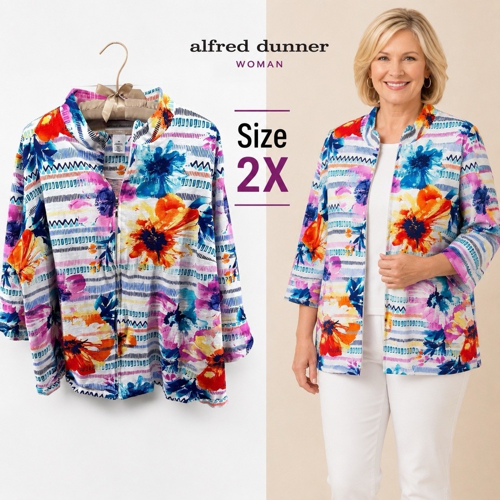 Alfred Dunner Woman 2X Tropical Floral Jacket Top Colorful 3/4 Sleeve Zip Front